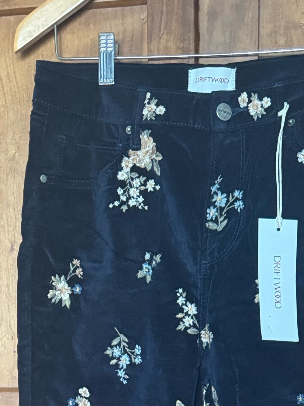 Free People Driftwood Midnight Blue Velvet Flare Jeans with Floral Embroidery